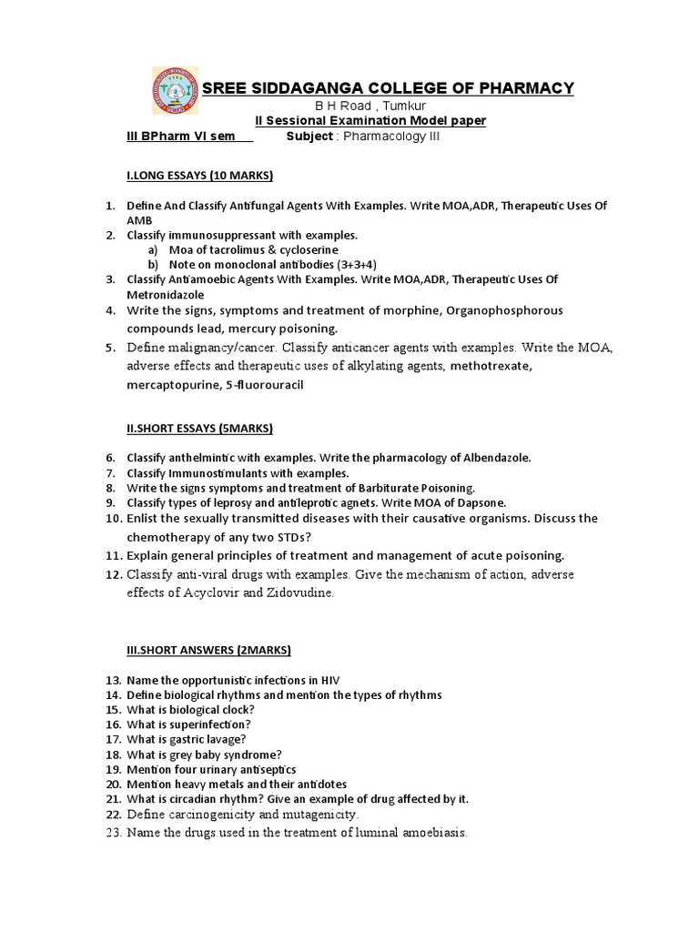 Pharmacology Model Paper Sessional 2 | PDF