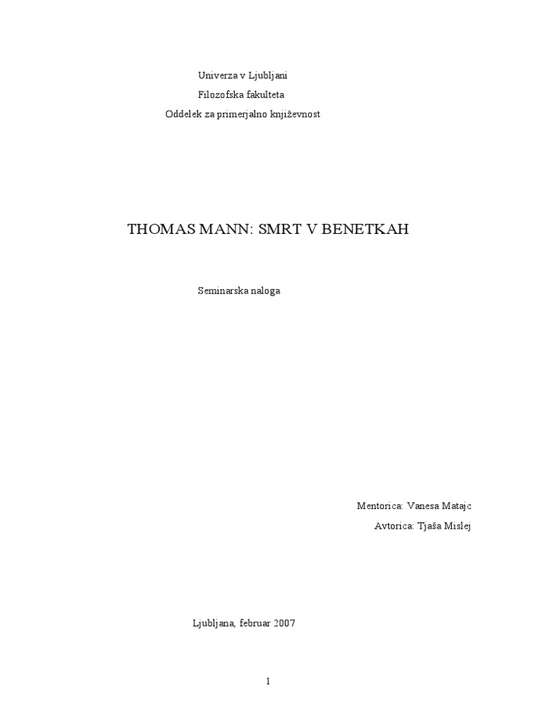 THOMAS MANN - SMRT V Benetkah | PDF