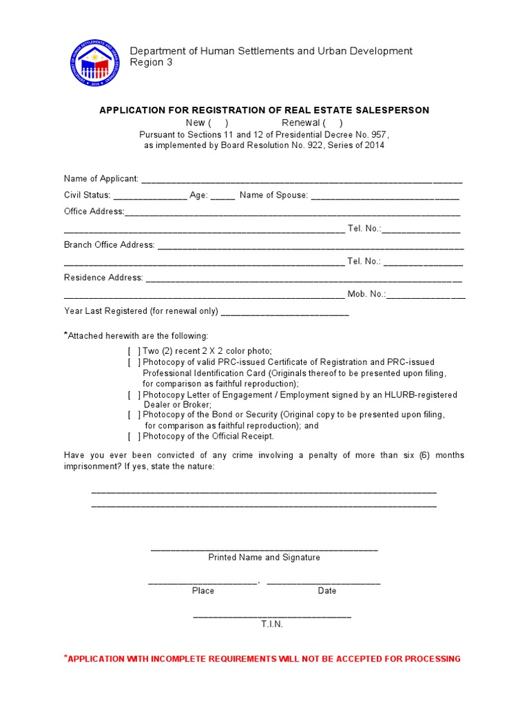 Application for Registration or Renewal of Real Estate Salesperson