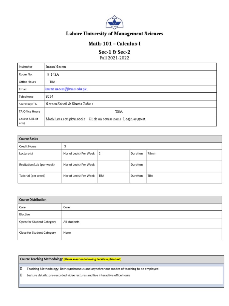 Math 101 Course Outline - Fall 2021 | PDF | Integral | Derivative