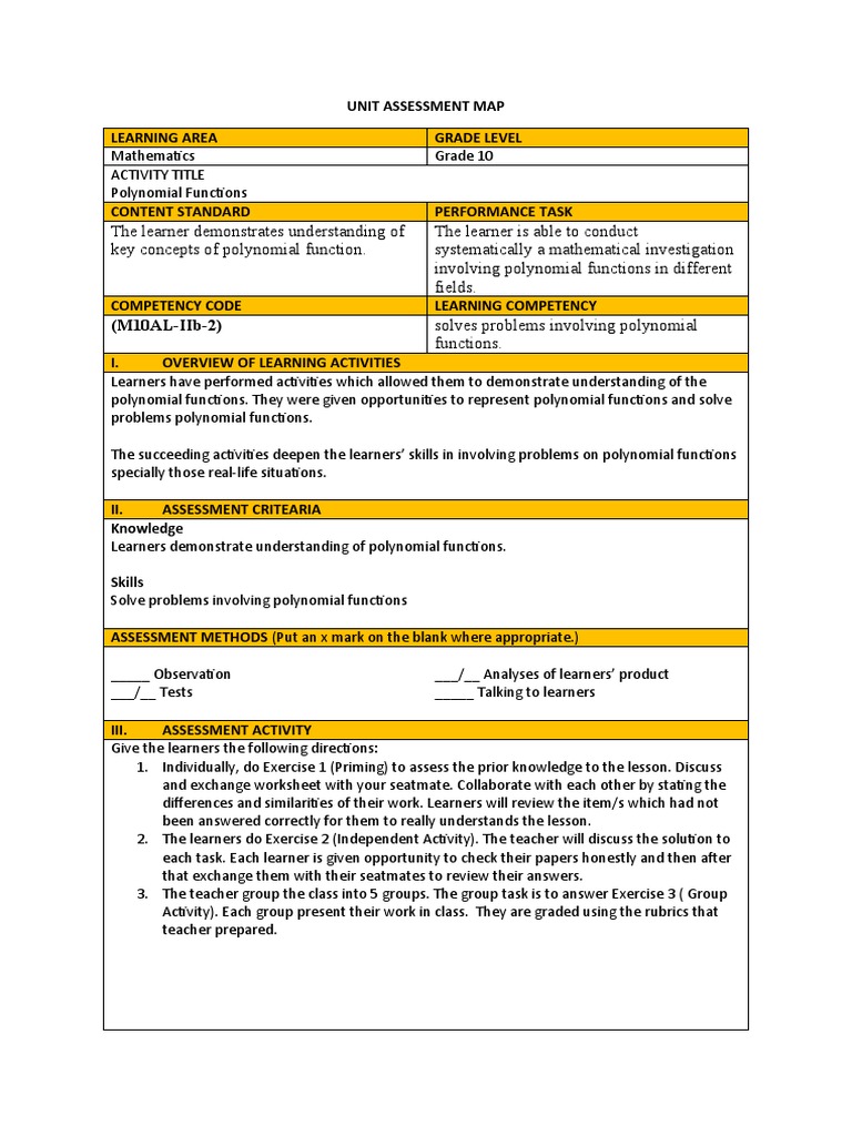 Grade 10 Polynomial Functions Assessment | PDF | Educational Assessment ...