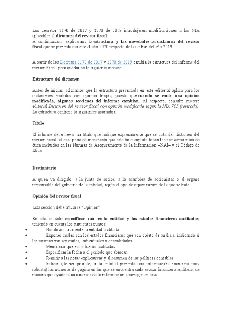 Estructura Dictamen Revisor Fiscal | PDF | Auditoría | Contabilidad