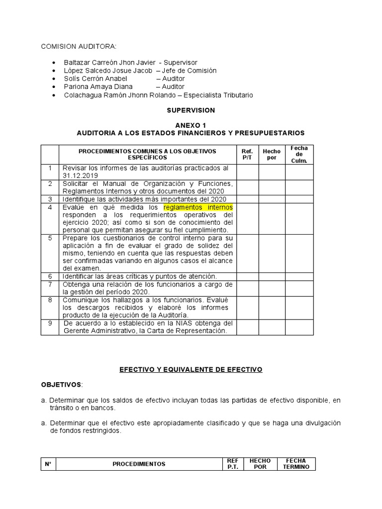 Programa de Auditoria Efectivo y Equivalente de Efectivo | PDF | Auditoría
