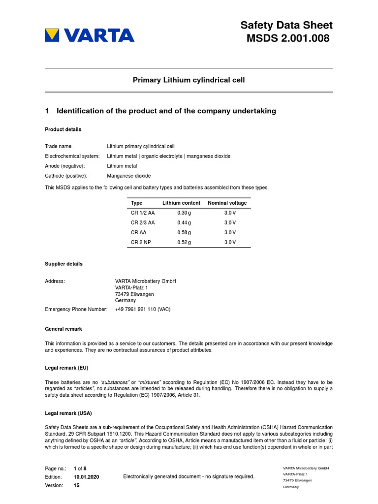 CR2NP Lithium Battery Safety Data Sheet | PDF | Rechargeable Battery ...