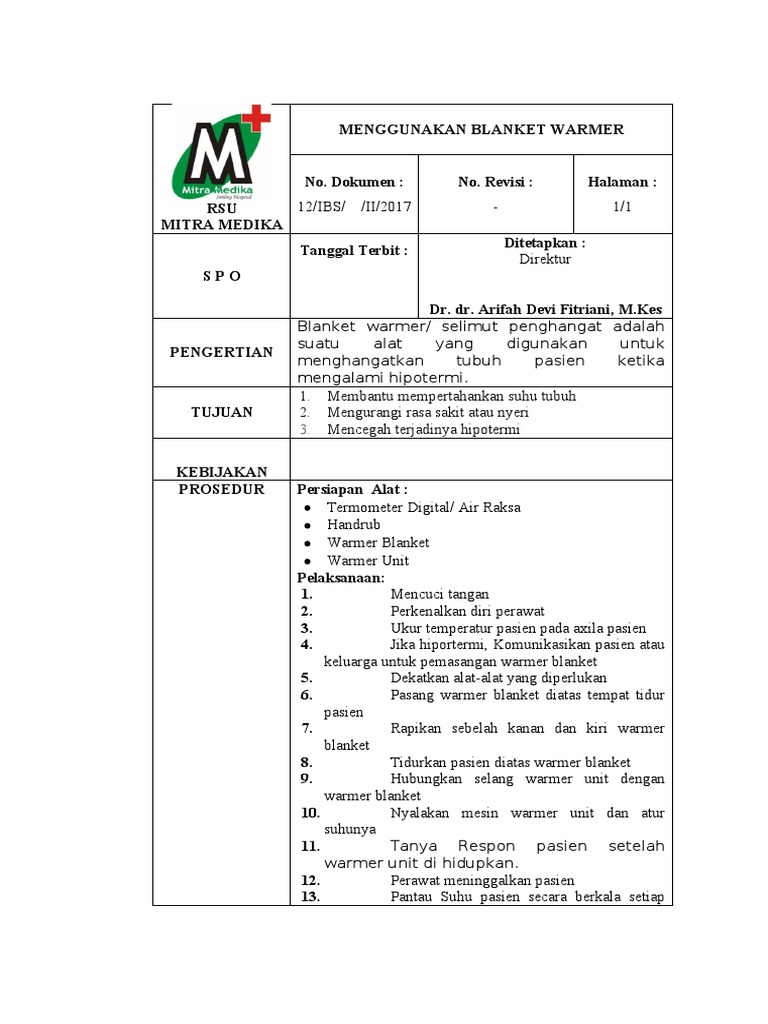 Sop Penggunaan Blanket Warmer PDF