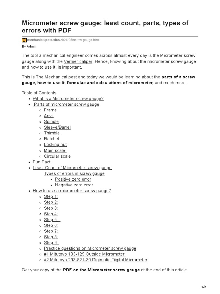 Micrometer Screw Gauge Least Count Parts Types of Errors With PDF PDF