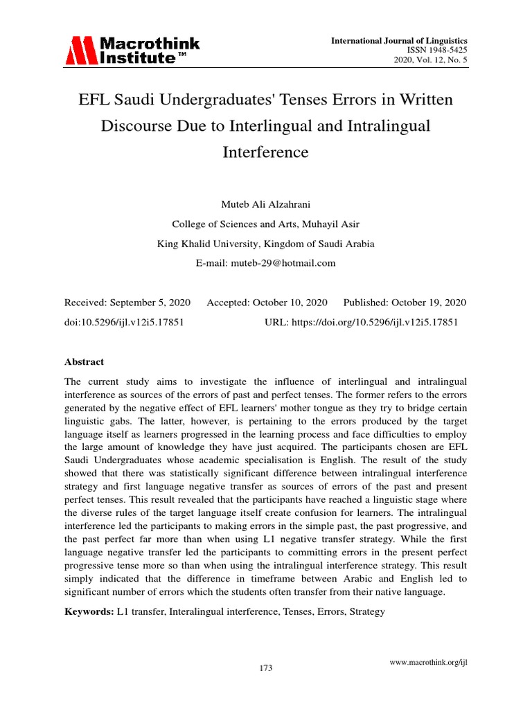 EFL Saudi Undergraduates Tenses Errors in Written | PDF | Second ...