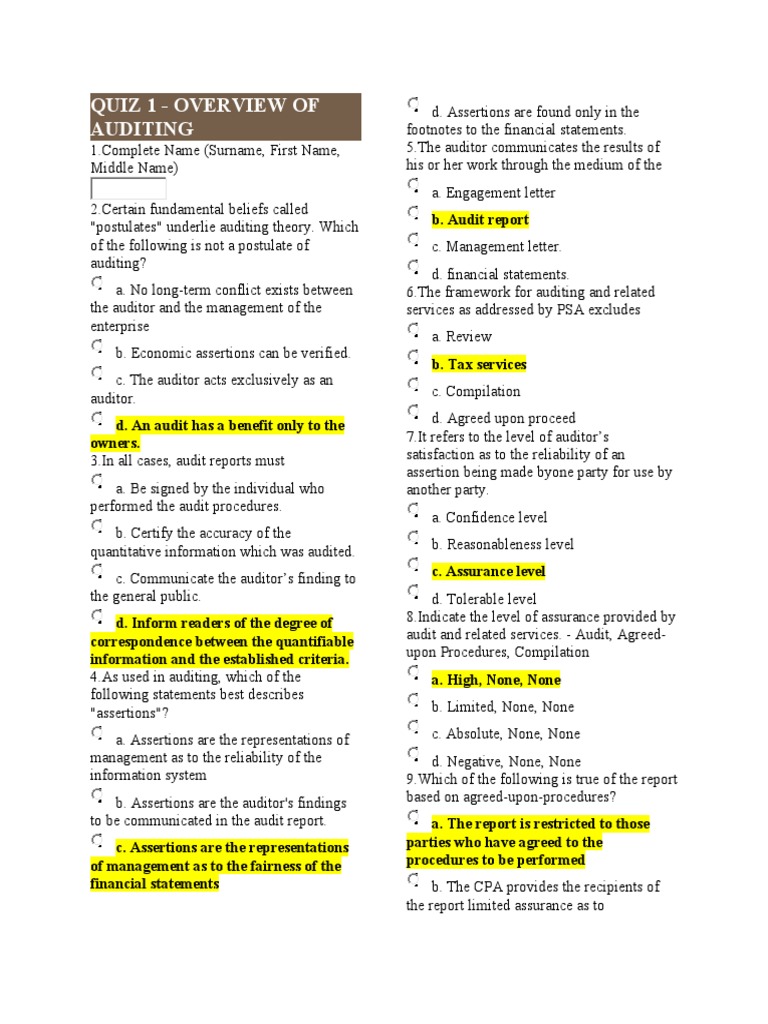 Quiz Auditing Theory (Prelim) | PDF | Audit | Financial Audit