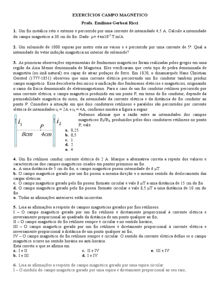 II Lista de Exercícios - Campo Magnético | PDF | Magnetismo | Campo ...