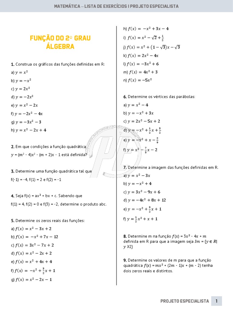 Função Do 2 Grau - Exercícios | PDF | Função (Matemática) | Matemática