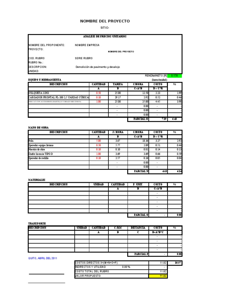 Formato APU para Presupuesto en Excel | PDF