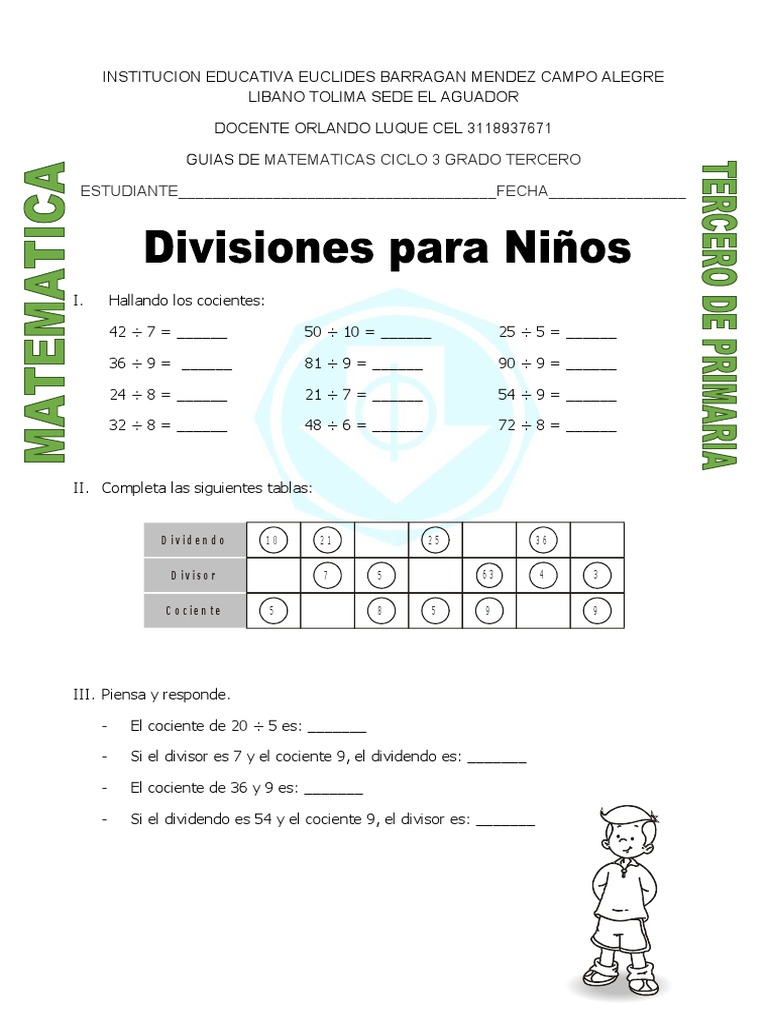 Ejercicios de División para Tercer Grado | PDF | División (Matemáticas ...