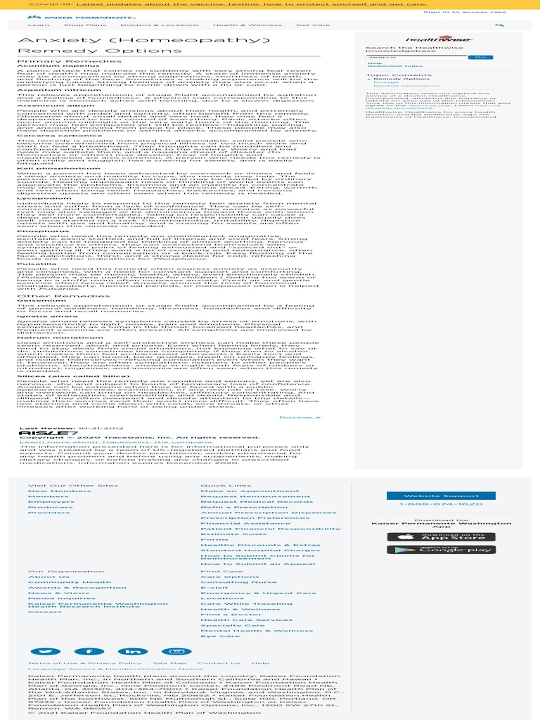Remedy Options Anxiety (Homeopathy) PDF Kaiser Permanente Anxiety