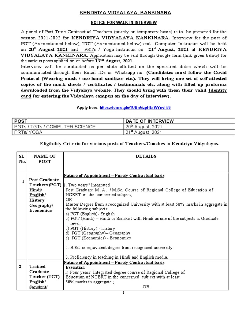 Walk-In Interview for Teachers at KVS Kankinara | PDF | Postgraduate ...