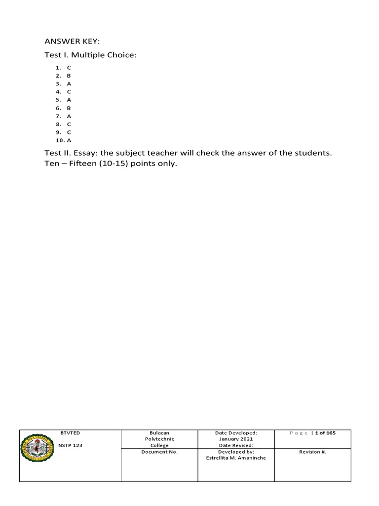 BTVTED NSTP 123 Answer Key | PDF