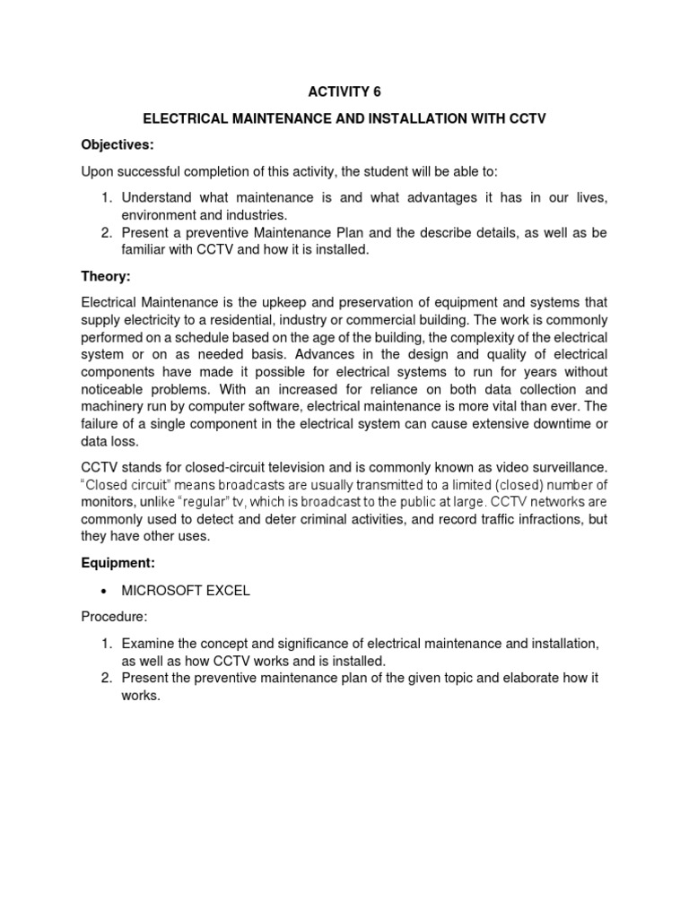 Activity 6 Electrical Maintenance and Installation With CCTV Objectives