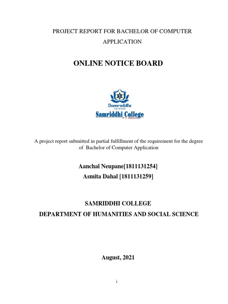 Online Notice Board Project Report For Bachelor of Computer Application PDF Password Login