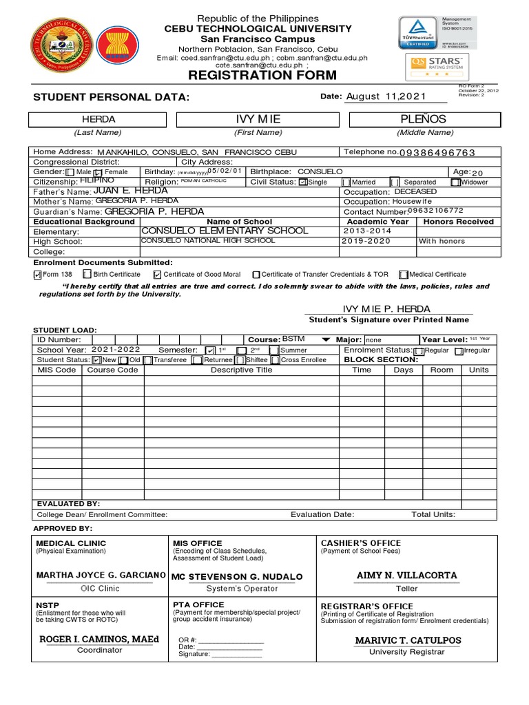 FORM 2 Enrolment Form CTU SF 2 v.4 1 | PDF