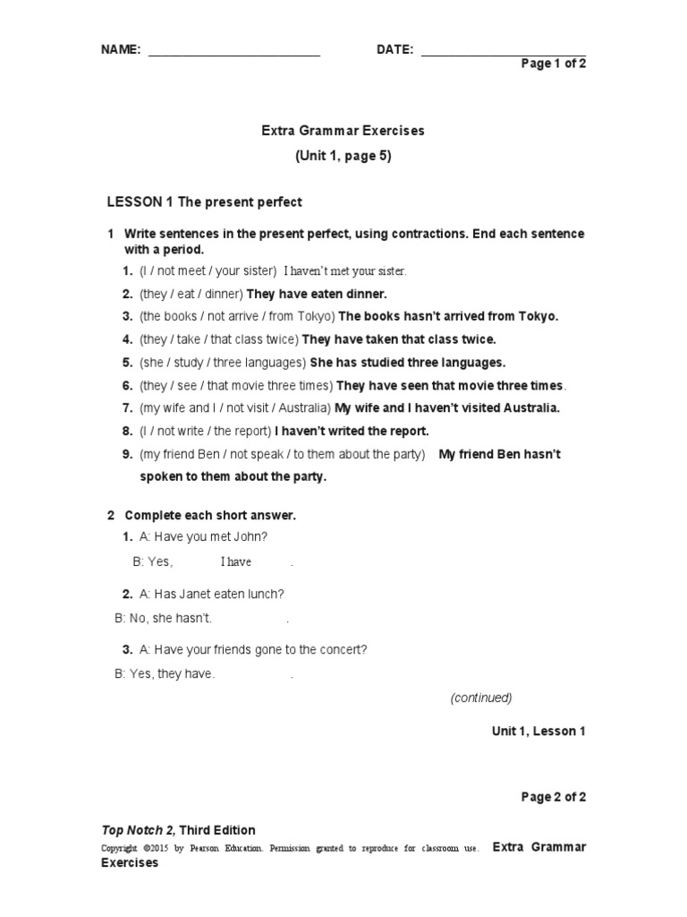 Extra Grammar Exercises (Unit 1, Page 5) : I Have | PDF | Linguistics