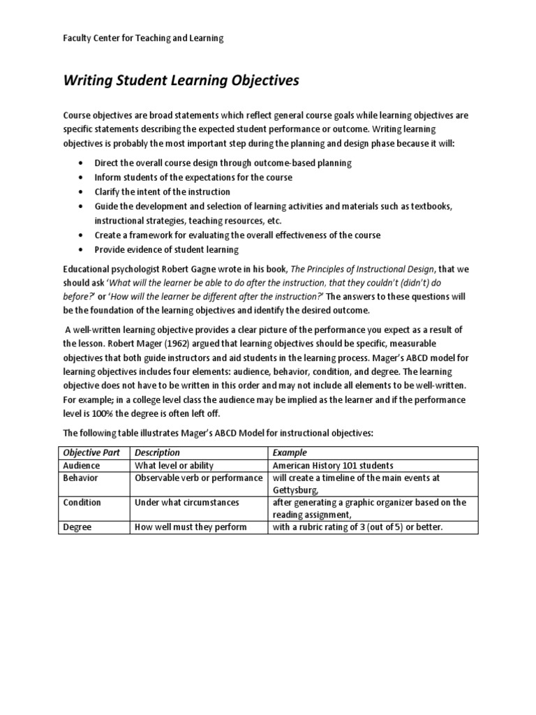 Writing Student Learning Objective 12-06-2010 | PDF | Learning | Pedagogy