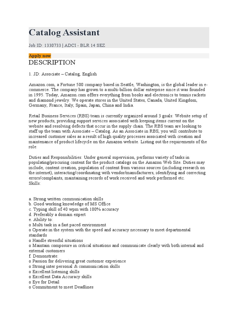 Catalog Assistant Description PDF Business Communication