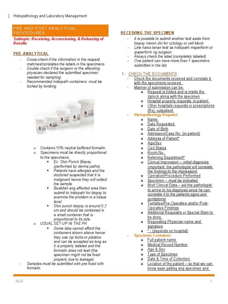 An Overview of PreAnalytical and Specimen Receiving Procedures in