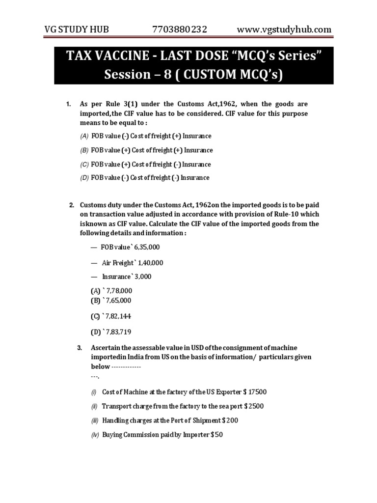 Custom Mcq's For Aug & Dec 2021 Exams by CA Vivek Gaba PDF Customs