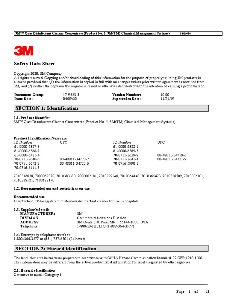 MSDS 3M Quat Disinfectant | PDF | Toxicity | Personal Protective Equipment