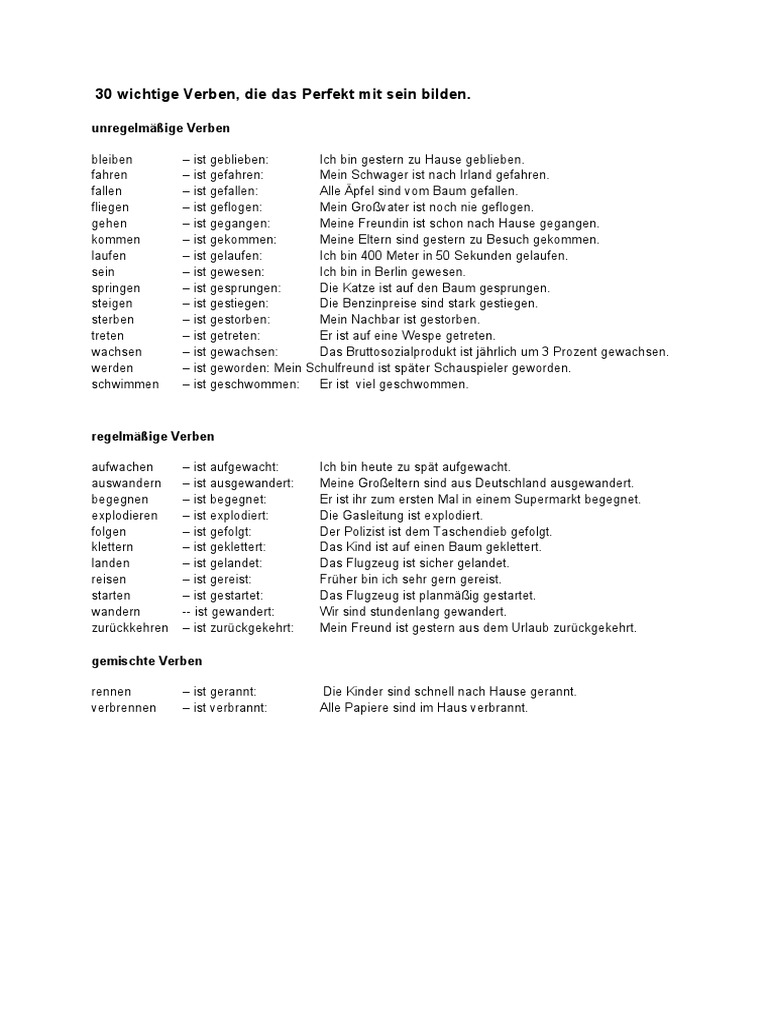 30 Wichtige Verben - Perfekt Mit Sein | PDF