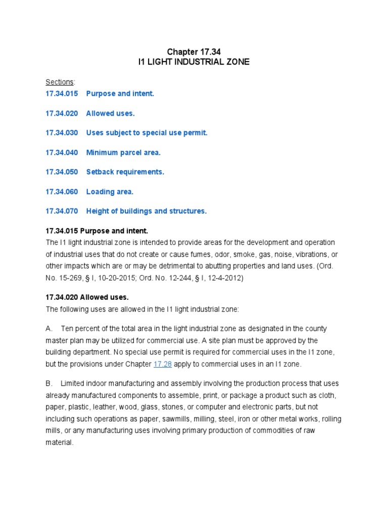 I1 Light Industrial Zone 17.34.015 Purpose and Intent PDF Energy
