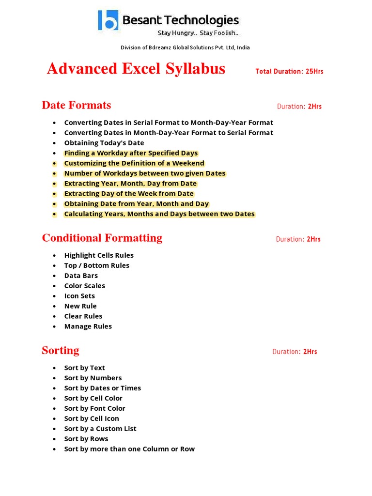 Advance Excel Syllabus Pdf