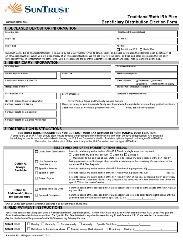 SunTrust Beneficiary Distribution Form | PDF | Individual Retirement ...