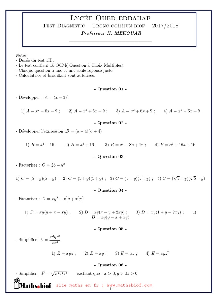 Test QCM Mathématiques Tronc Commun 2017/2018 | PDF