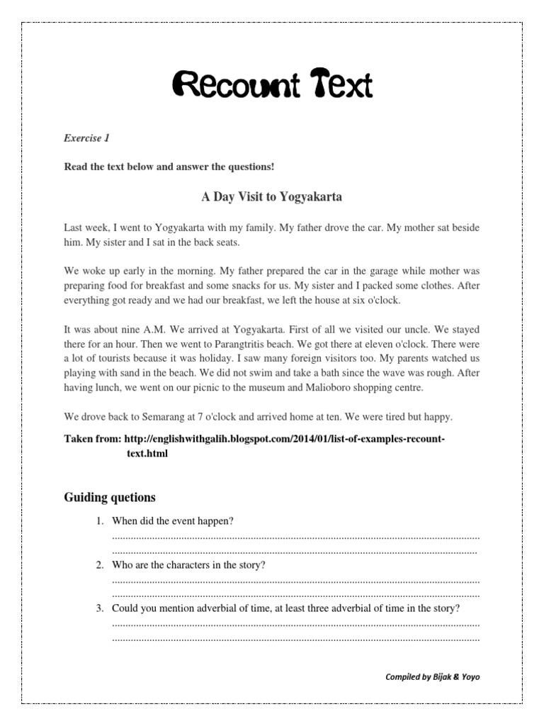 Recount Text Exercises: Yogyakarta Trip | PDF