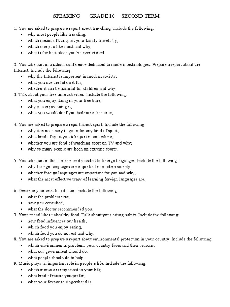 Speaking Grade 10 Second Term | PDF | Sports | Ukraine