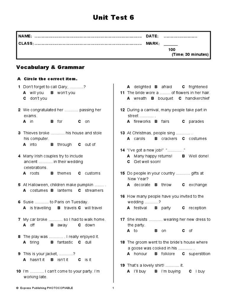 Upstream Pre B1 Unit Test 6 | PDF | Social Conventions | Wedding