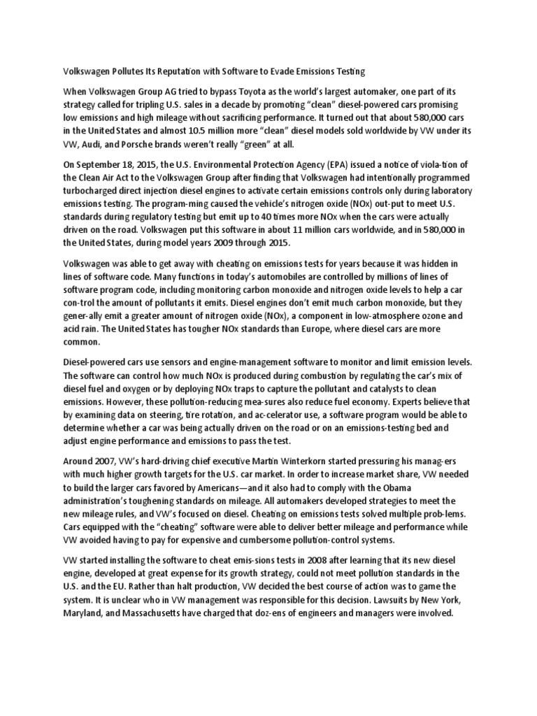 Volkswagen Emissions Cheating Scandal | PDF | Volkswagen | Exhaust Gas