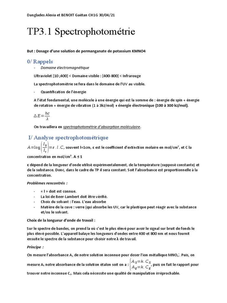 Dosage de KMnO4 par Spectrophotométrie PDF Spectrophotométrie — free download