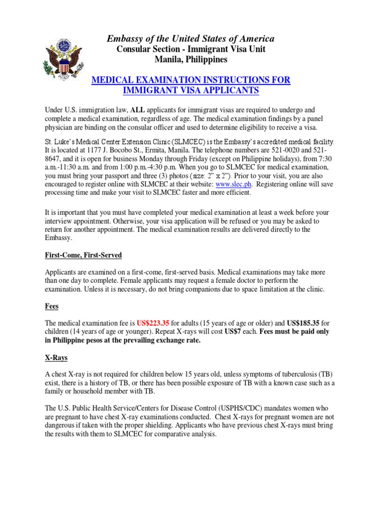 Embassy of The United States of America Medical Examination