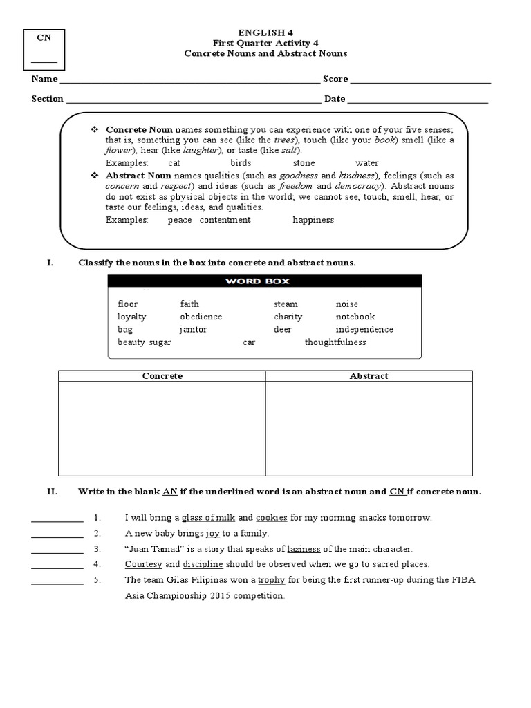 Concrete And Abstract Nouns Worksheets For Grade 4 Noun Printable