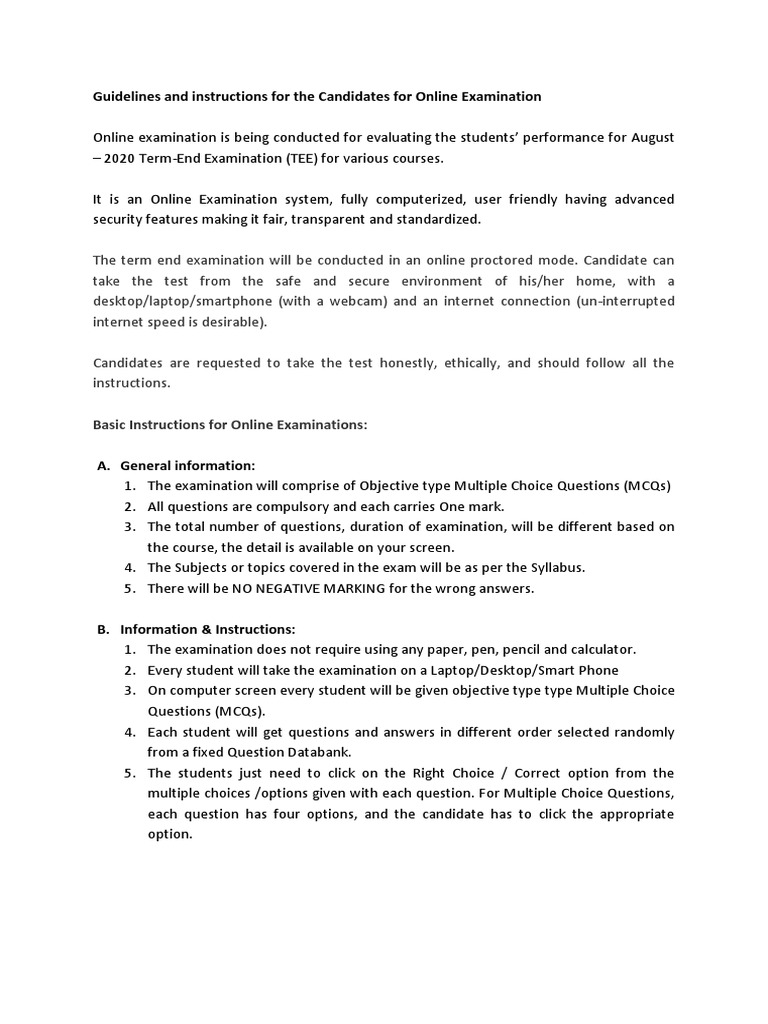 BAOU Important Instructions For Online Examination PDF Multiple
