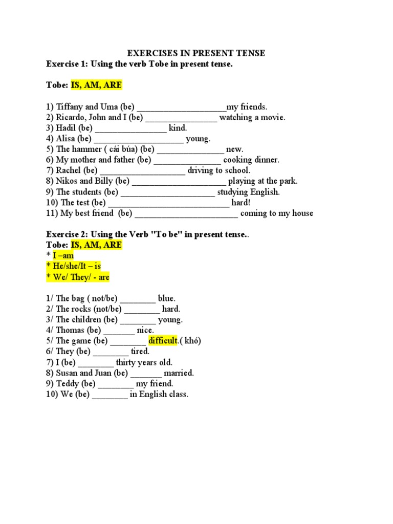 Present Tense Verb Exercises | PDF