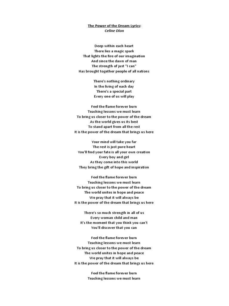Celine Dion's "The Power of the Dream" Lyrics | PDF | Self-Improvement | Religion & Spirituality