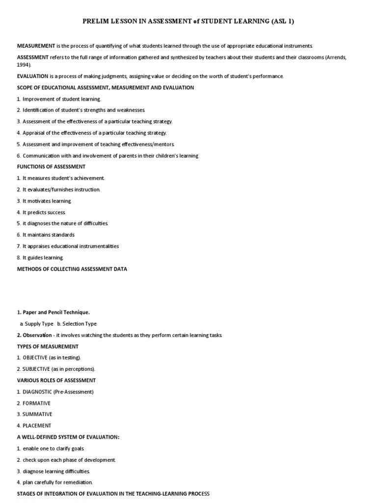Prelim Lesson in Assessment of Student Learning (Asl 1) | PDF ...