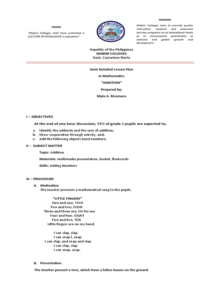 Grade 1 Math Lesson Plan: Addition | PDF | Lesson Plan | Teachers