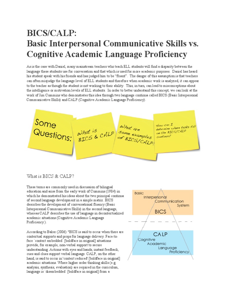 Bics calp basic interpersonal communicative skills vs cognitive