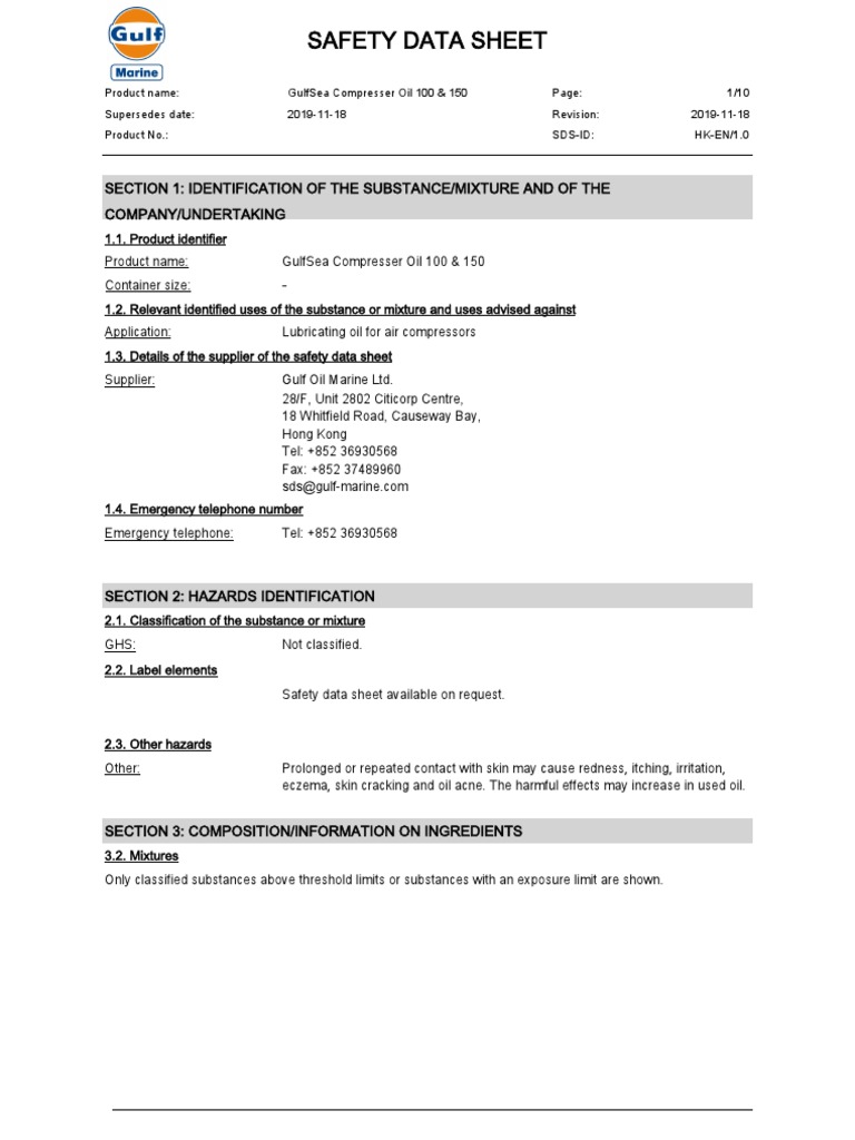 GulfSea Compresser Oil 100 150 HK 1.0 MSDS PDF Dangerous