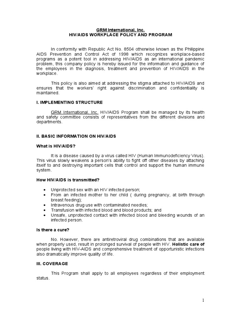 GRM International, Inc. Hiv/Aids Workplace Policy and Program | PDF ...