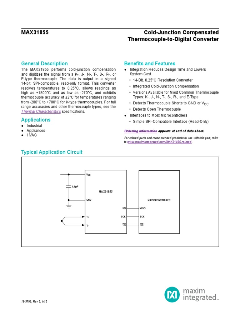 MAX31855 ColdJunction Compensated ThermocoupletoDigital Converter PDF