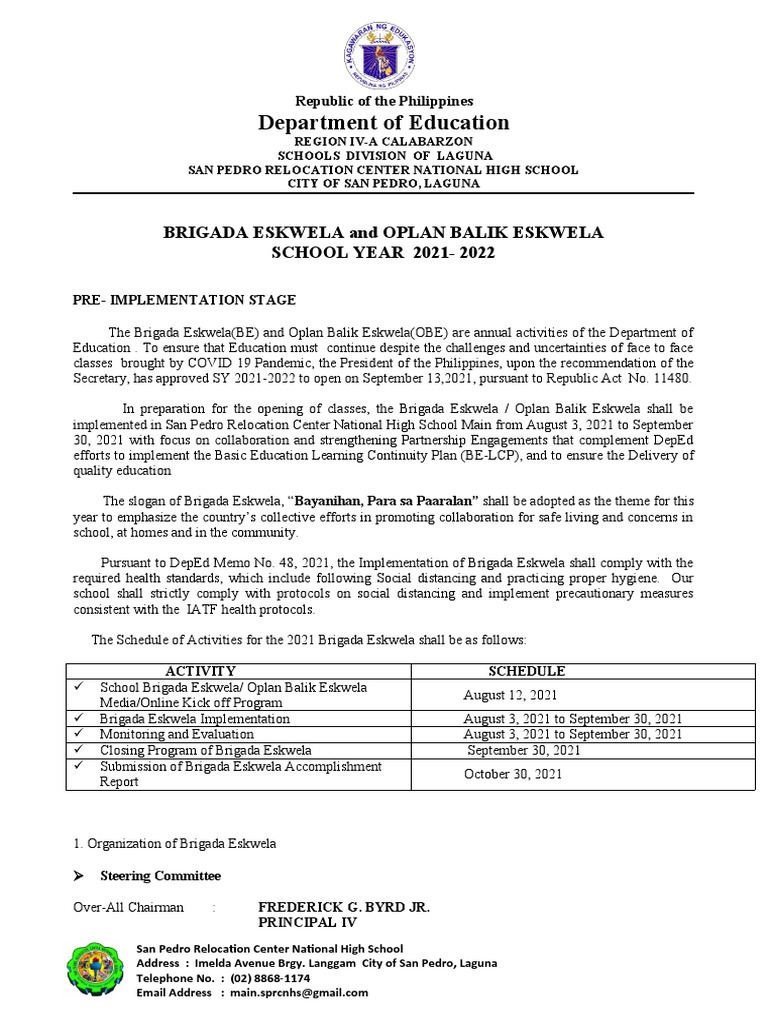 Brigada Eskwela 2021 at San Pedro High | PDF